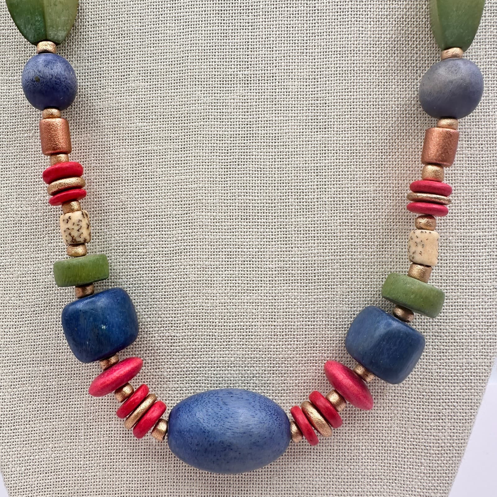 Vintage 90s Wooden Beaded Necklace Geometric Statement Women's Classic Jewelry - Thumbnail 3