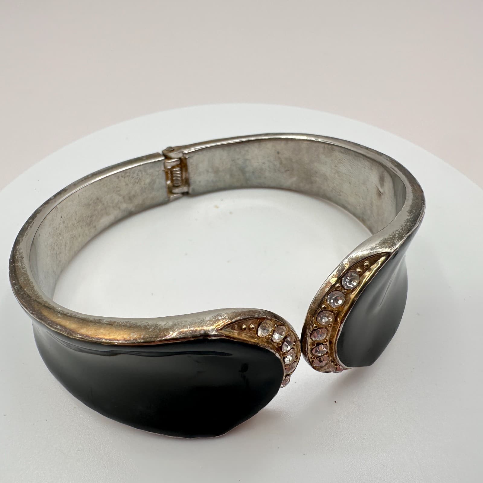 Vintage Y2K Black Enamel Cuff Bracelet Silver Tone Rhinestone Statement Jewelry - Thumbnail 5