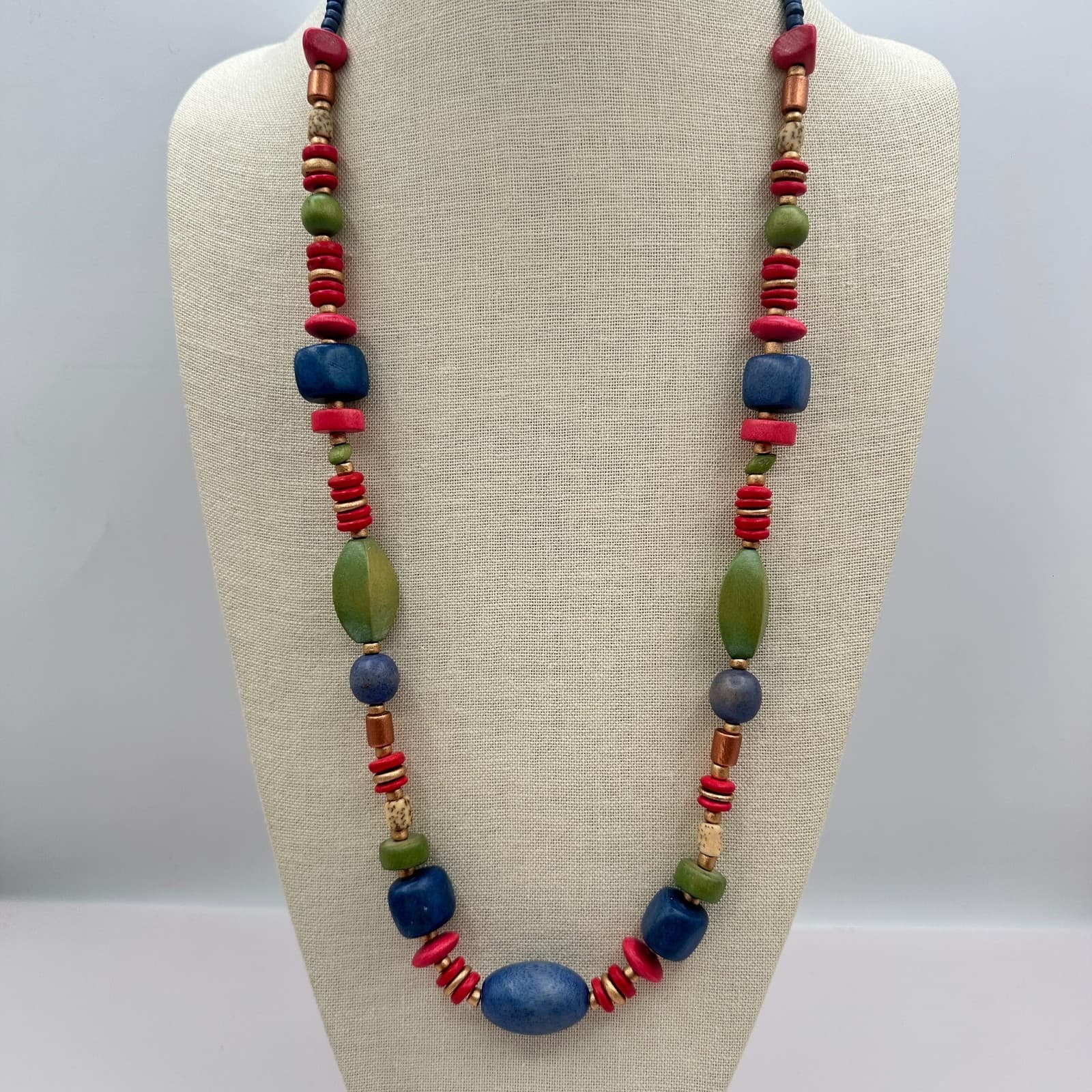 Vintage 90s Wooden Beaded Necklace Geometric Statement Women's Classic Jewelry - Thumbnail 7