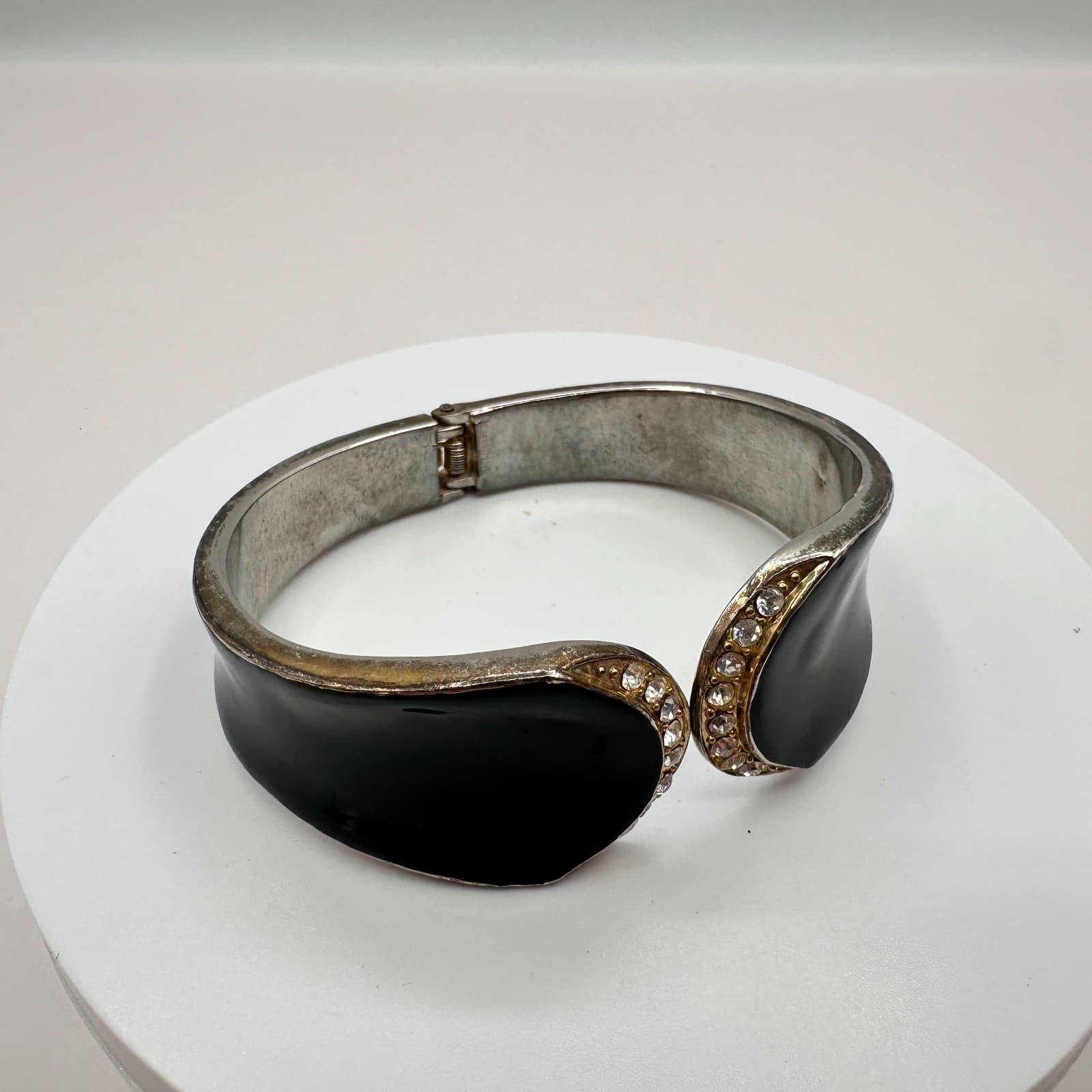 Vintage Y2K Black Enamel Cuff Bracelet Silver Tone Rhinestone Statement Jewelry - Thumbnail 2