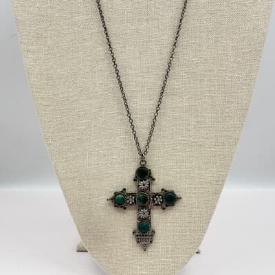 Vintage 90s Silver Tone Turquoise Cross Pendant Necklace Women's Fashion Jewelry - Thumbnail 5