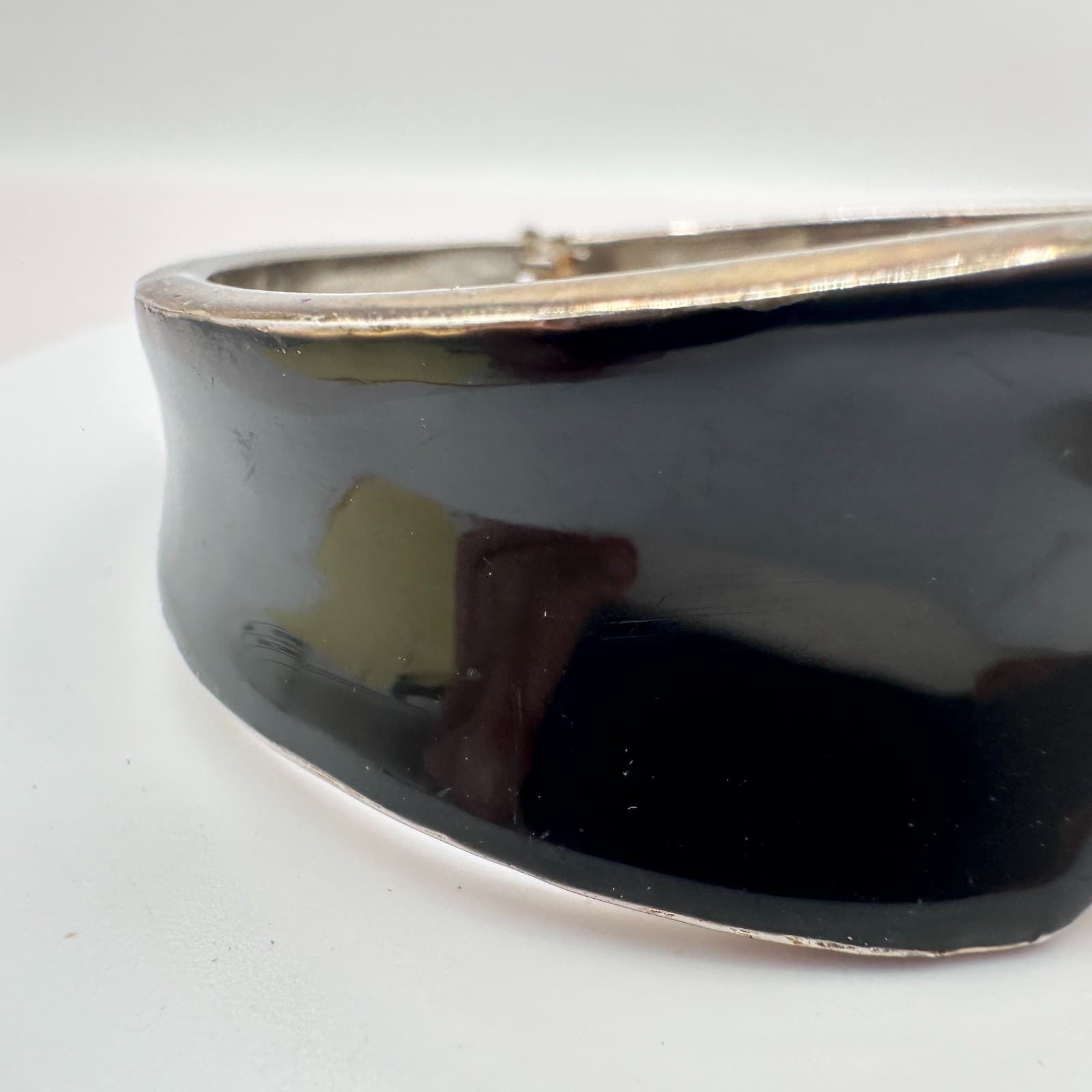 Vintage Y2K Black Enamel Cuff Bracelet Silver Tone Rhinestone Statement Jewelry - Thumbnail 6