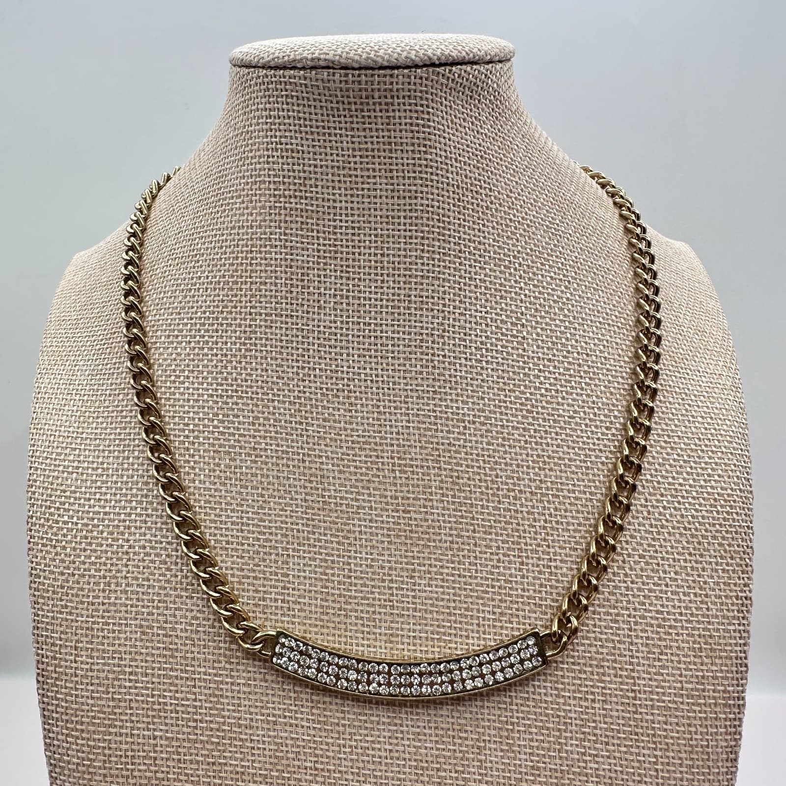 Vintage Y2K Gold Tone Clear Rhinestone Curb Chain Necklace Boho Women's Jewelry - Thumbnail 3