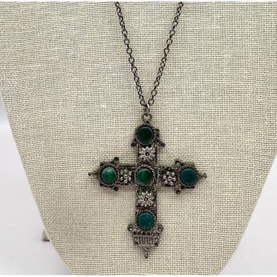 Vintage 90s Silver Tone Turquoise Cross Pendant Necklace Women's Fashion Jewelry - Thumbnail 2