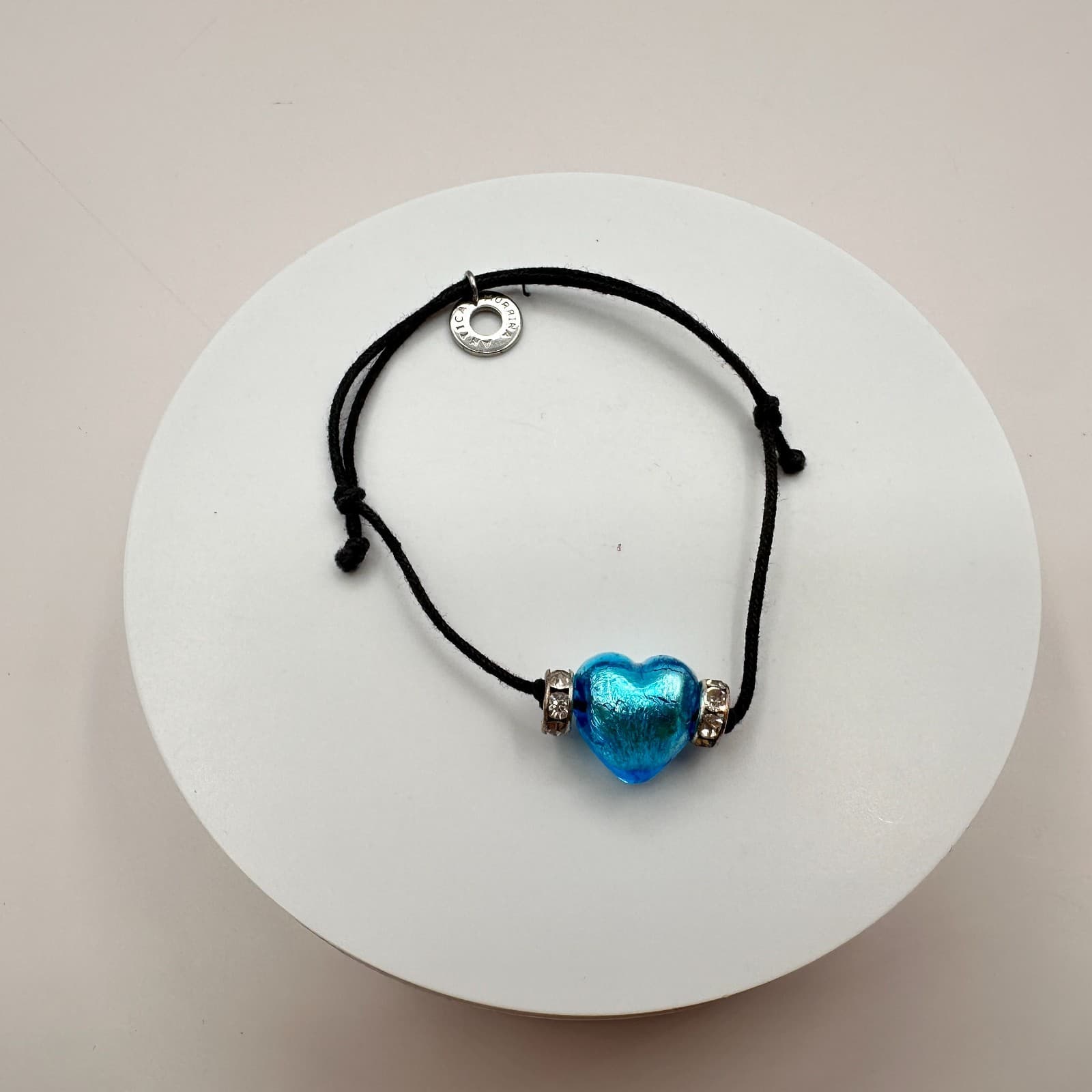 Vintage Y2K Silver Tone Blue Glass Heart Cord Bracelet Women's Classic Jewelry - Thumbnail 5