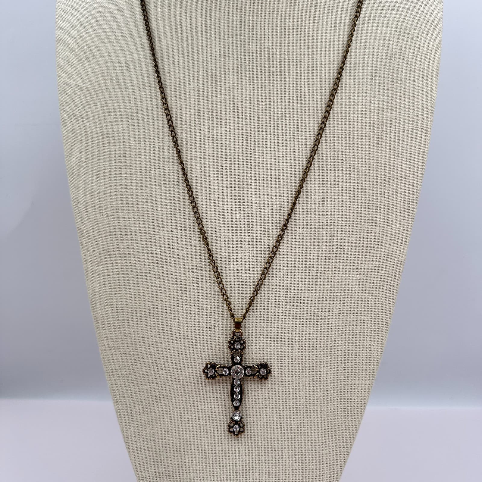 Vintage Y2K Bronze-Tone Gothic Cross Clear Glass Pendant Necklace Retro Jewelry - Thumbnail 3