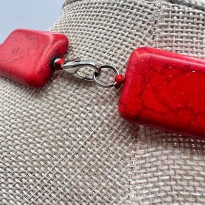 Vintage 90s Red Howlite Turquoise Rectangle Beaded Statement Necklace Jewelry - Thumbnail 8