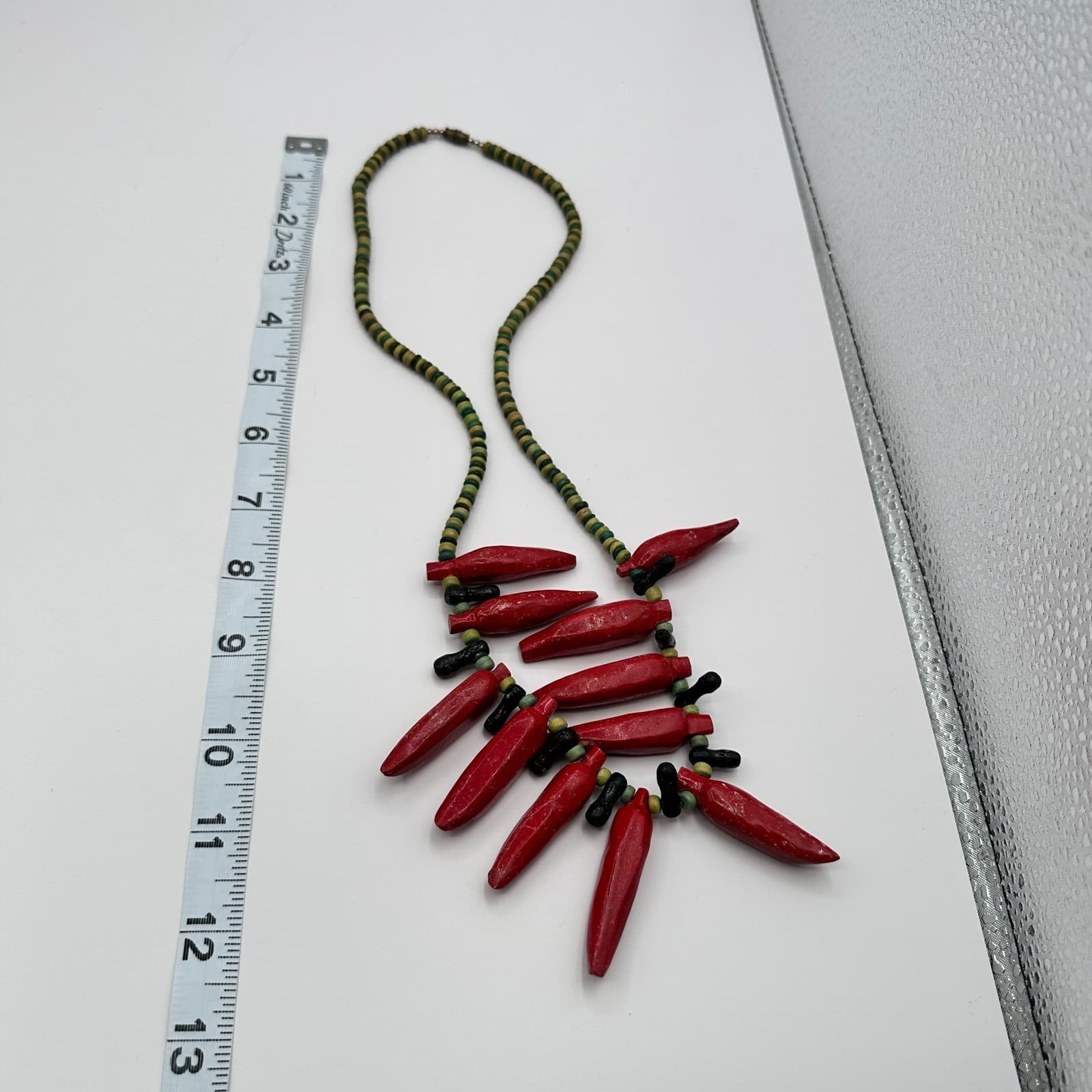 Vintage 90s Silver Tone Red Chili Pepper Wooden Beaded Necklace Women's Jewelry - Thumbnail 9