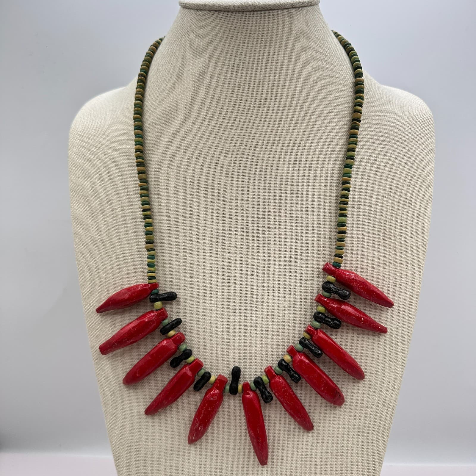 Vintage 90s Silver Tone Red Chili Pepper Wooden Beaded Necklace Women's Jewelry - Thumbnail 8