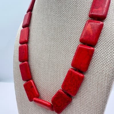 Vintage 90s Red Howlite Turquoise Rectangle Beaded Statement Necklace Jewelry - Thumbnail 5
