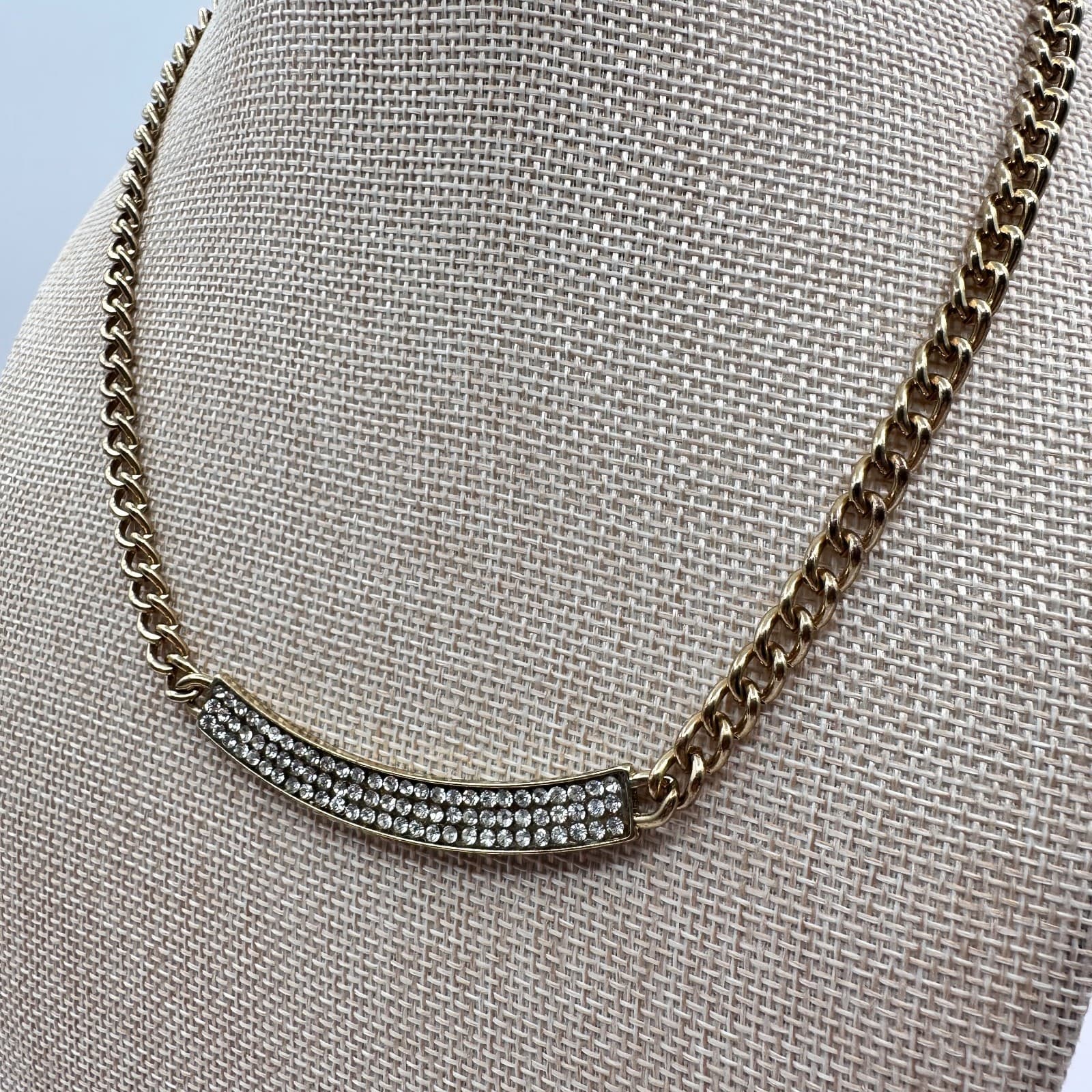 Vintage Y2K Gold Tone Clear Rhinestone Curb Chain Necklace Boho Women's Jewelry - Thumbnail 7
