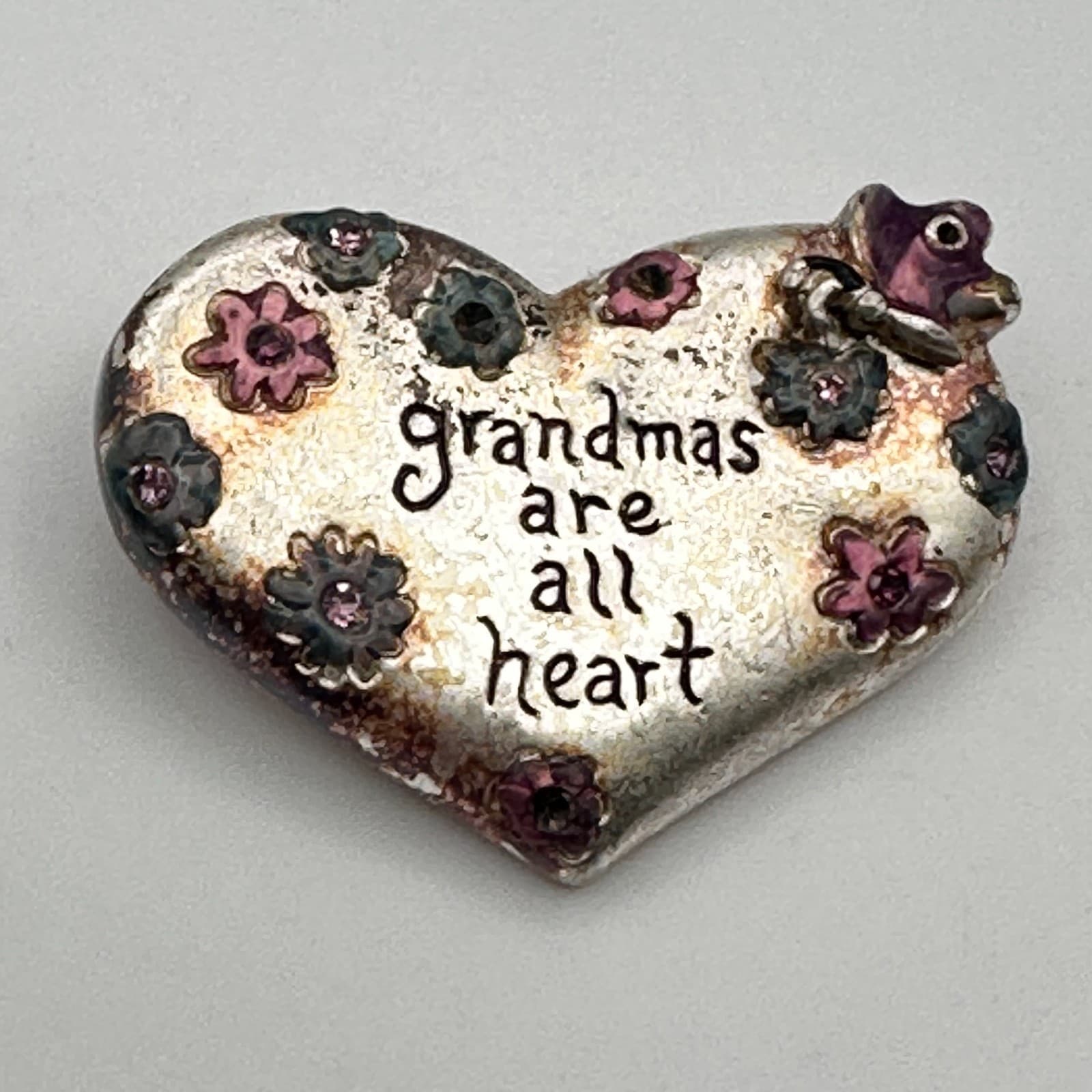 Vintage 80s Grandma Heart Brooch Silver Tone Pink Rhinestone Glitter Pin Jewelry - Thumbnail 2