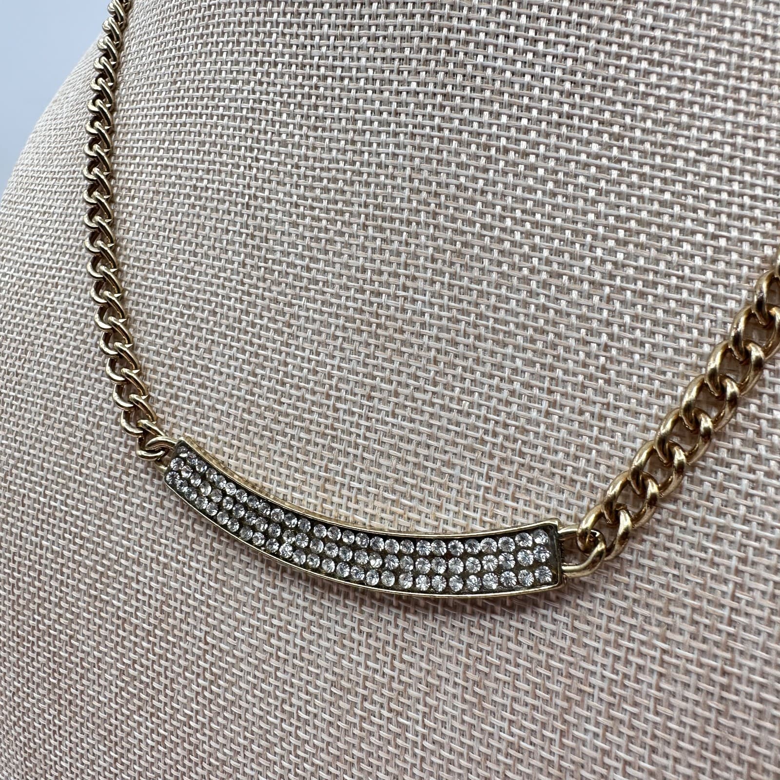 Vintage Y2K Gold Tone Clear Rhinestone Curb Chain Necklace Boho Women's Jewelry - Thumbnail 6