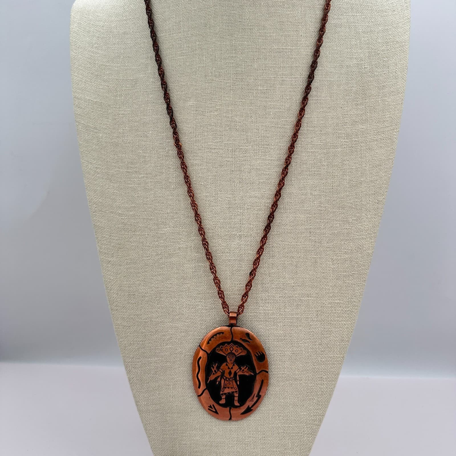 Vintage 90s Copper Tone Pendant Necklace Kachina Figure Etched Tribal Jewelry - Thumbnail 2