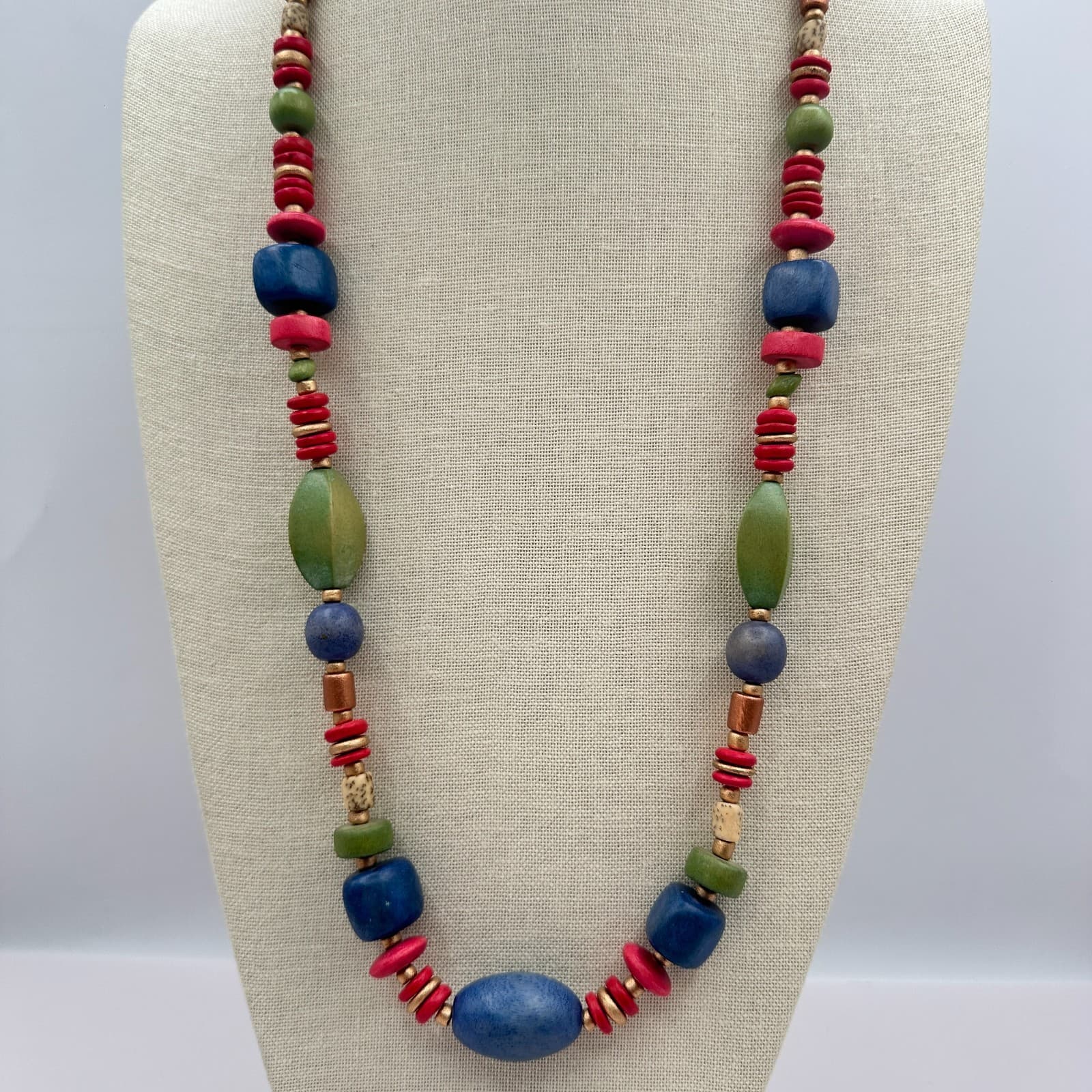 Vintage 90s Wooden Beaded Necklace Geometric Statement Women's Classic Jewelry - Thumbnail 2