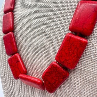 Vintage 90s Red Howlite Turquoise Rectangle Beaded Statement Necklace Jewelry - Thumbnail 4