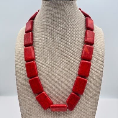 Vintage 90s Red Howlite Turquoise Rectangle Beaded Statement Necklace Jewelry - Thumbnail 7