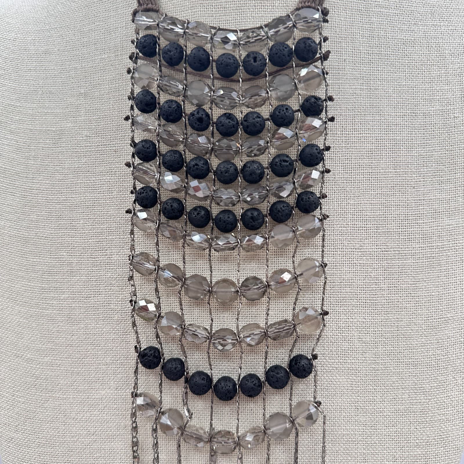 Vintage 90s Lava Rock Beaded Bib Necklace Statement Fringe Brown Cord Jewelry - Thumbnail 4