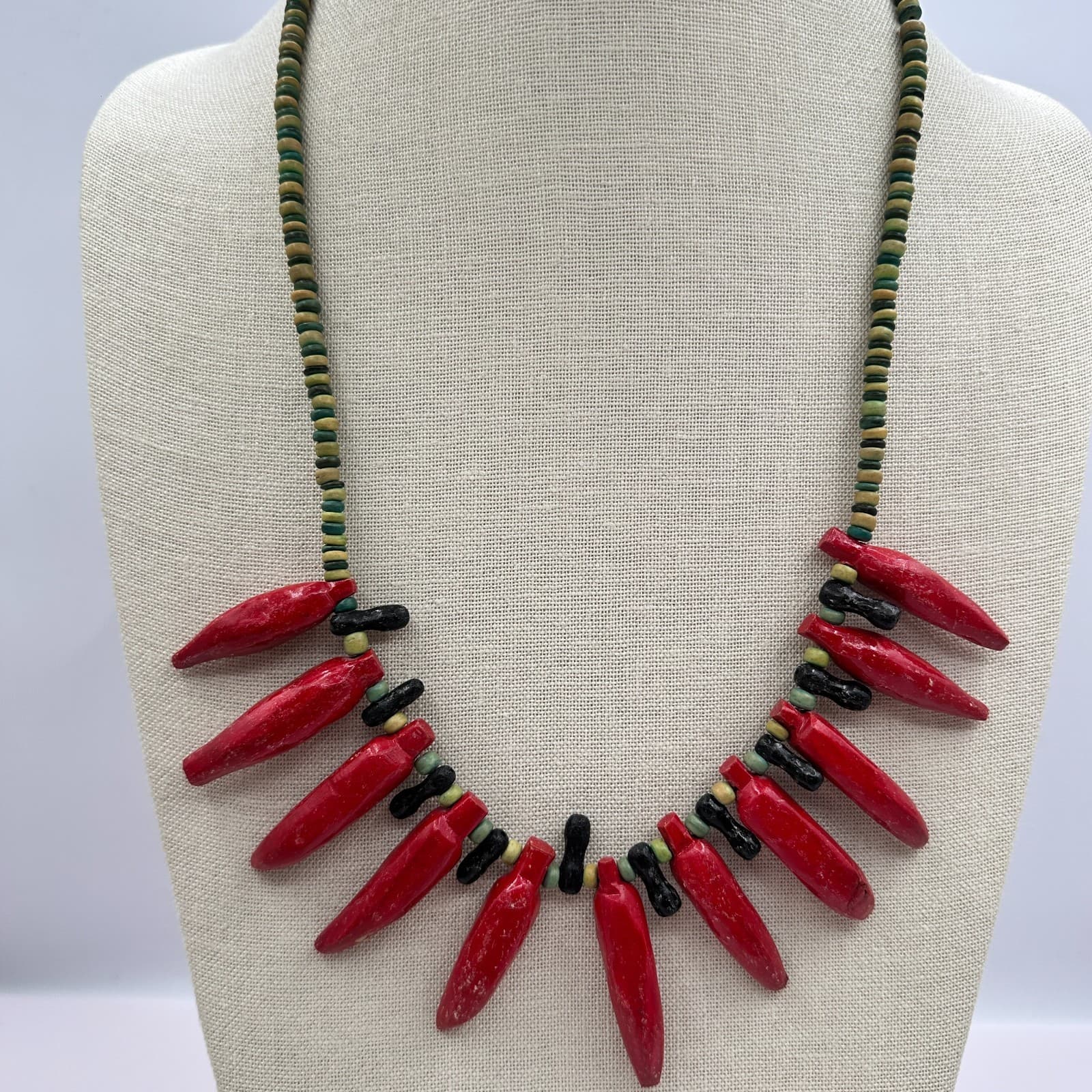 Vintage 90s Silver Tone Red Chili Pepper Wooden Beaded Necklace Women's Jewelry - Thumbnail 7