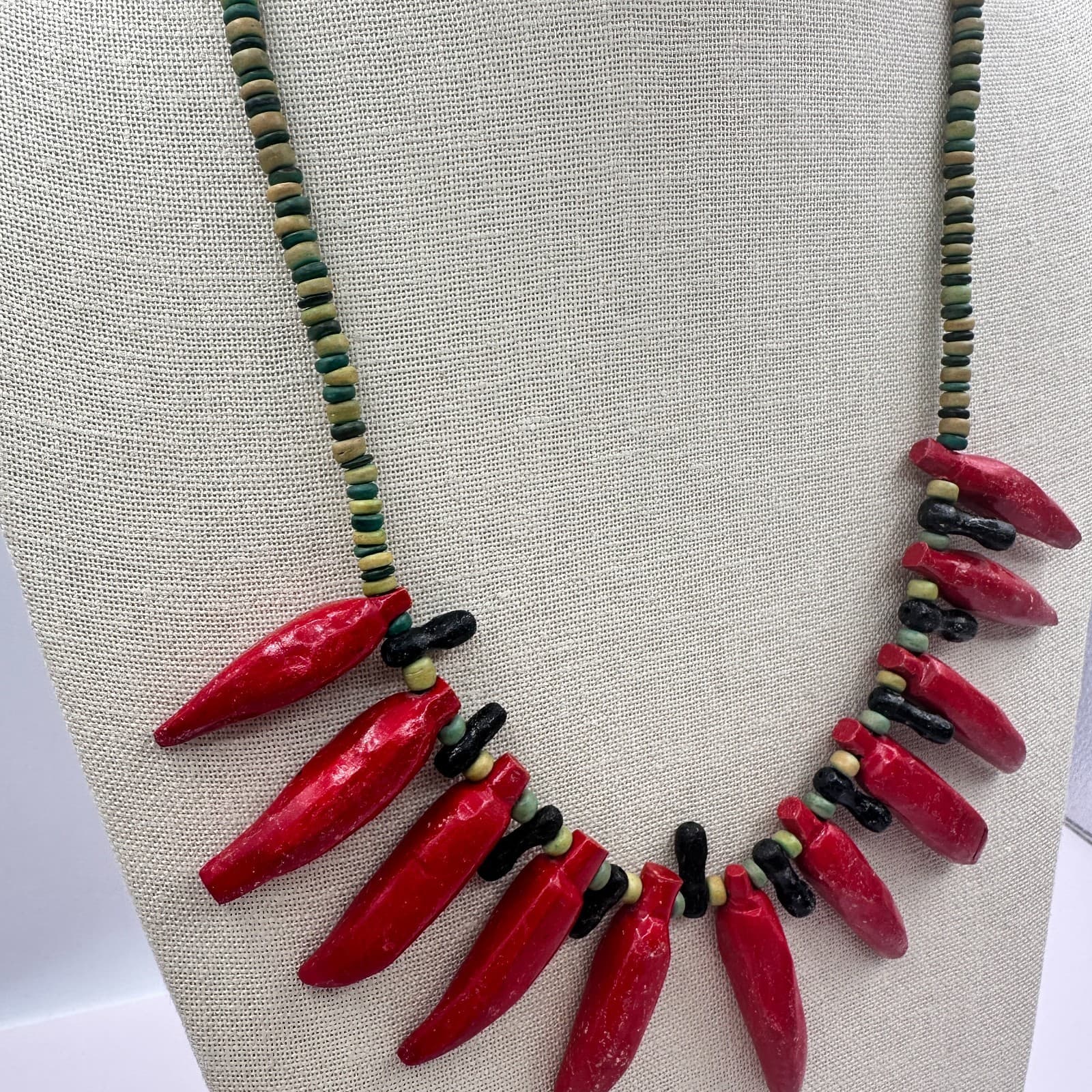 Vintage 90s Silver Tone Red Chili Pepper Wooden Beaded Necklace Women's Jewelry - Thumbnail 6