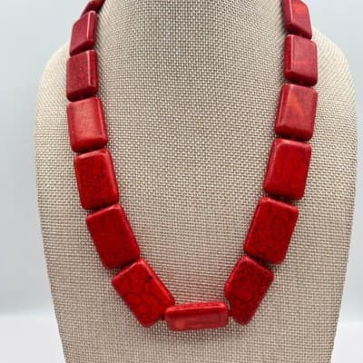 Vintage 90s Red Howlite Turquoise Rectangle Beaded Statement Necklace Jewelry - Thumbnail 2