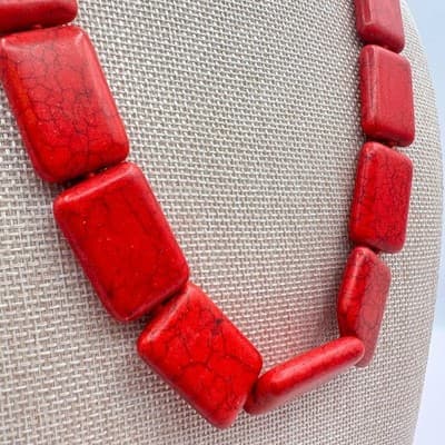 Vintage 90s Red Howlite Turquoise Rectangle Beaded Statement Necklace Jewelry - Thumbnail 3