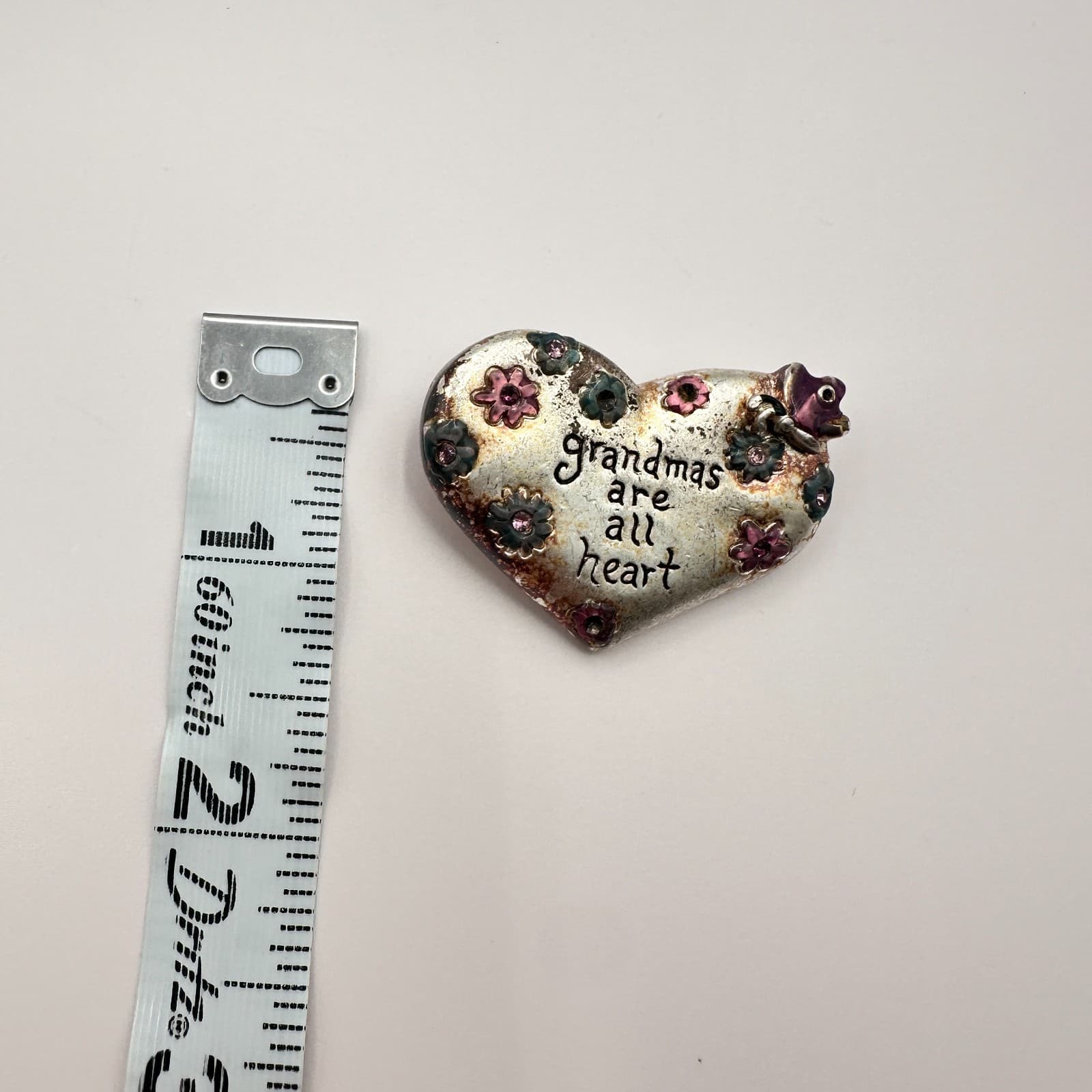 Vintage 80s Grandma Heart Brooch Silver Tone Pink Rhinestone Glitter Pin Jewelry - Thumbnail 8