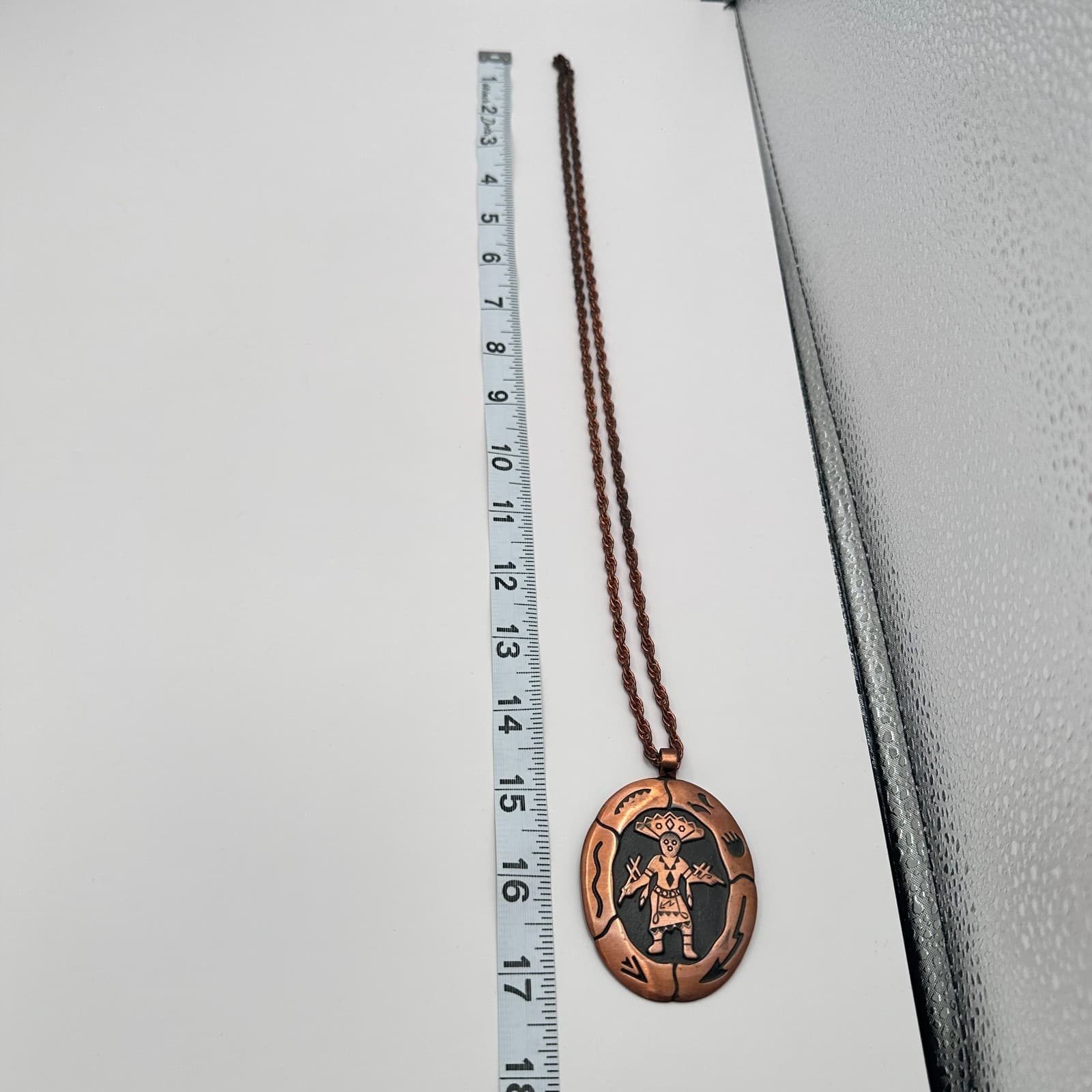 Vintage 90s Copper Tone Pendant Necklace Kachina Figure Etched Tribal Jewelry - Thumbnail 8