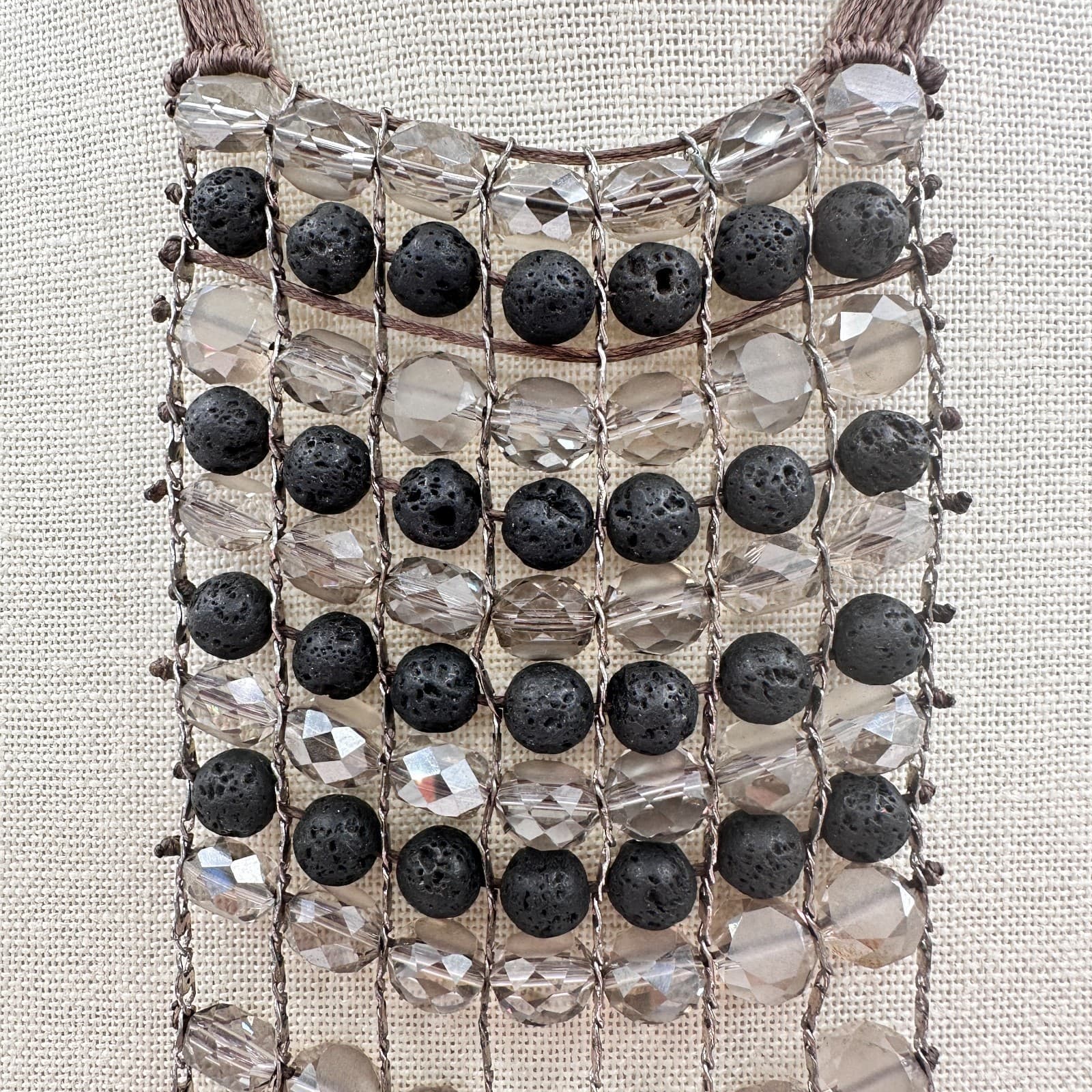 Vintage 90s Lava Rock Beaded Bib Necklace Statement Fringe Brown Cord Jewelry - Thumbnail 5