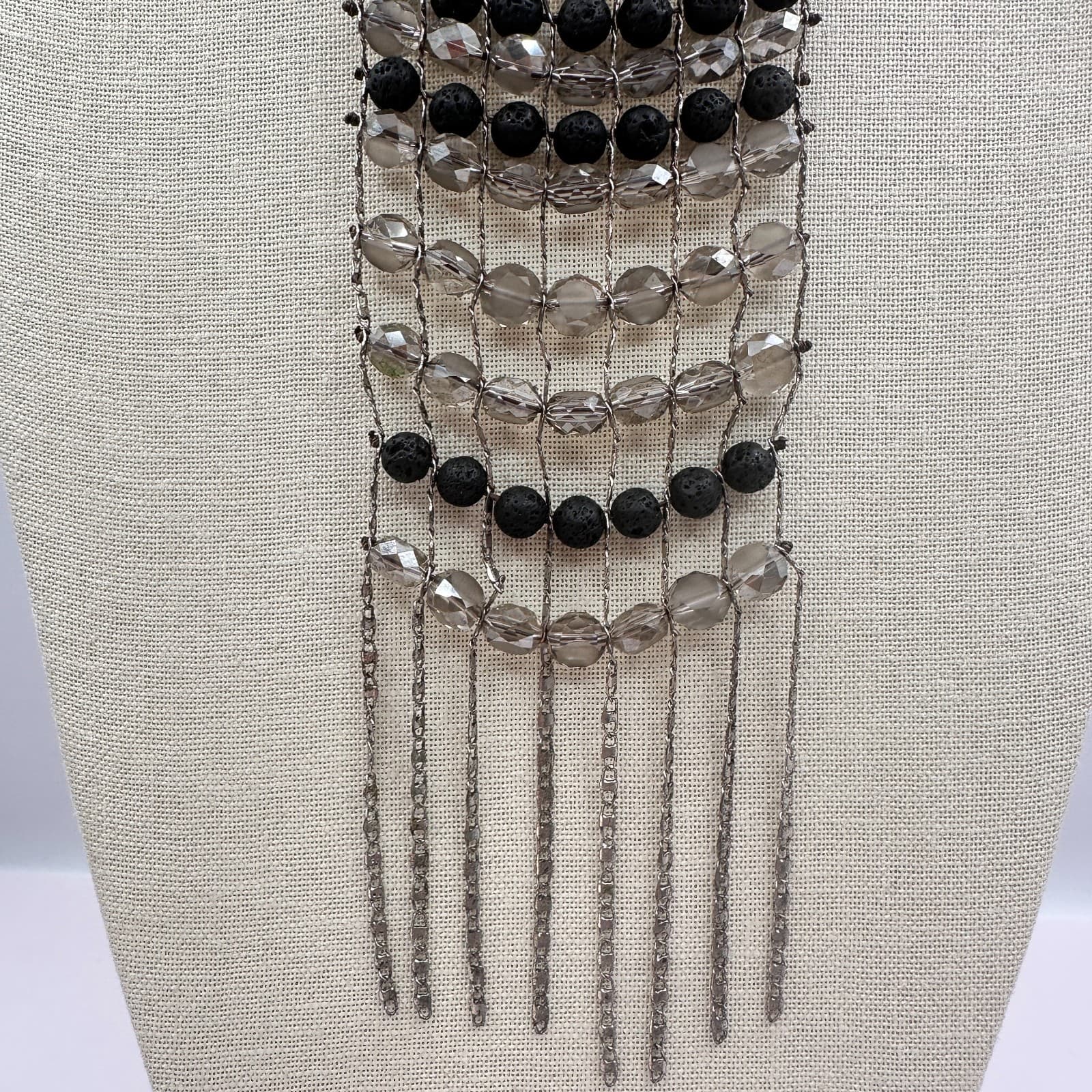 Vintage 90s Lava Rock Beaded Bib Necklace Statement Fringe Brown Cord Jewelry - Thumbnail 8