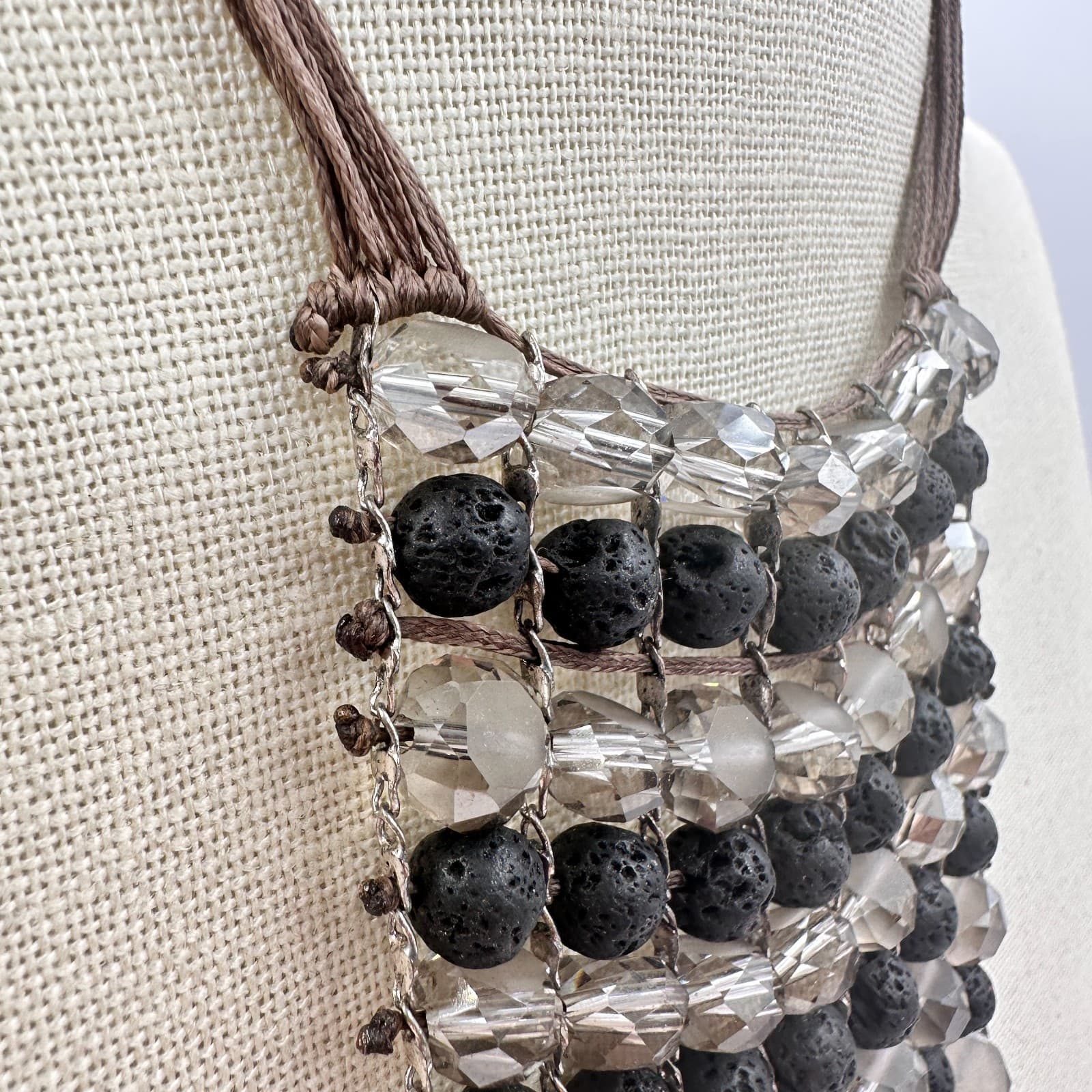 Vintage 90s Lava Rock Beaded Bib Necklace Statement Fringe Brown Cord Jewelry - Thumbnail 6