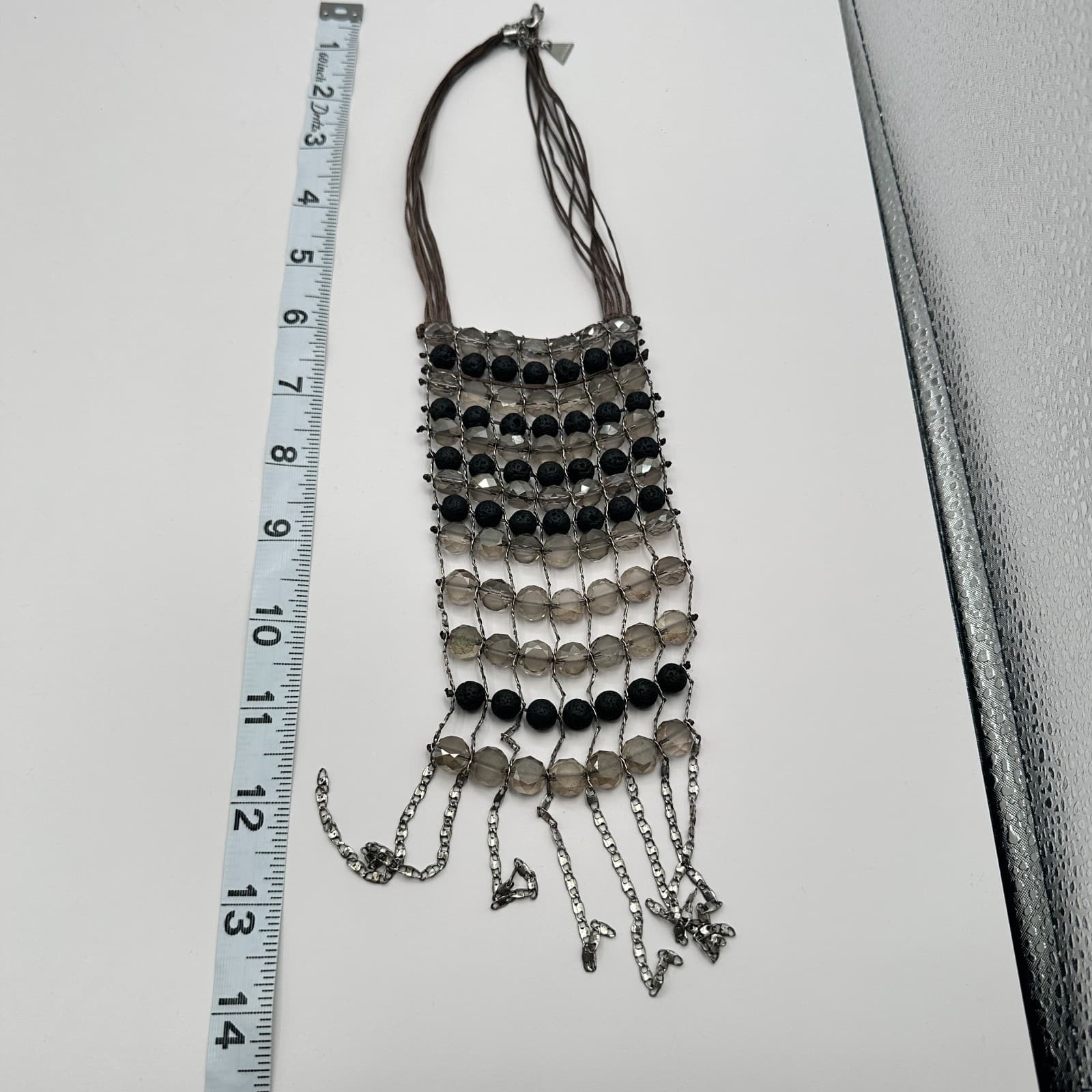 Vintage 90s Lava Rock Beaded Bib Necklace Statement Fringe Brown Cord Jewelry - Thumbnail 10
