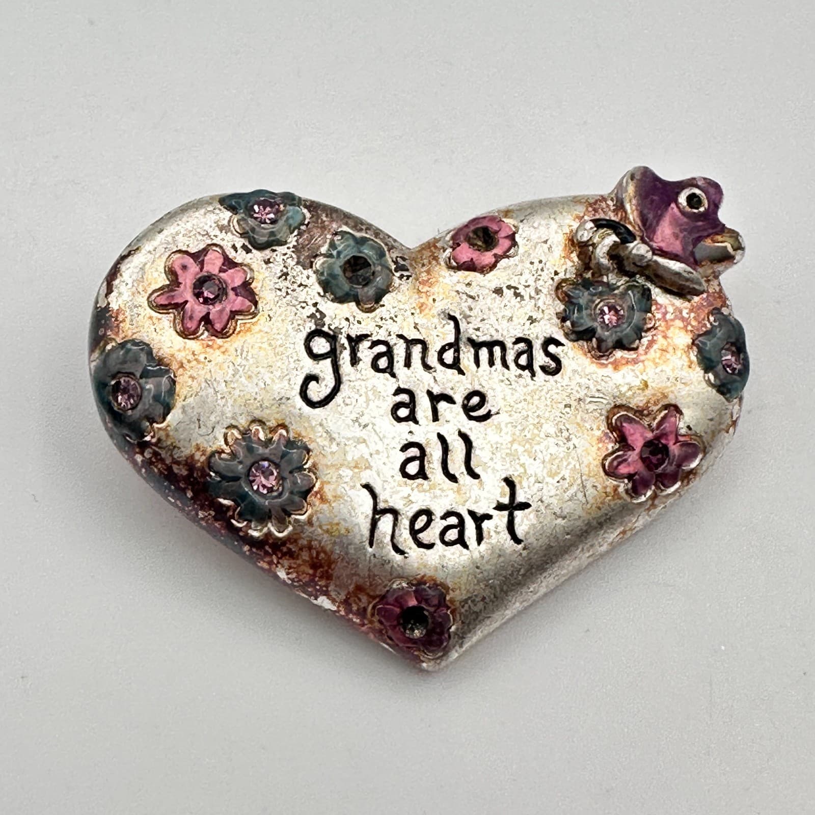 Vintage 80s Grandma Heart Brooch Silver Tone Pink Rhinestone Glitter Pin Jewelry - Thumbnail 3