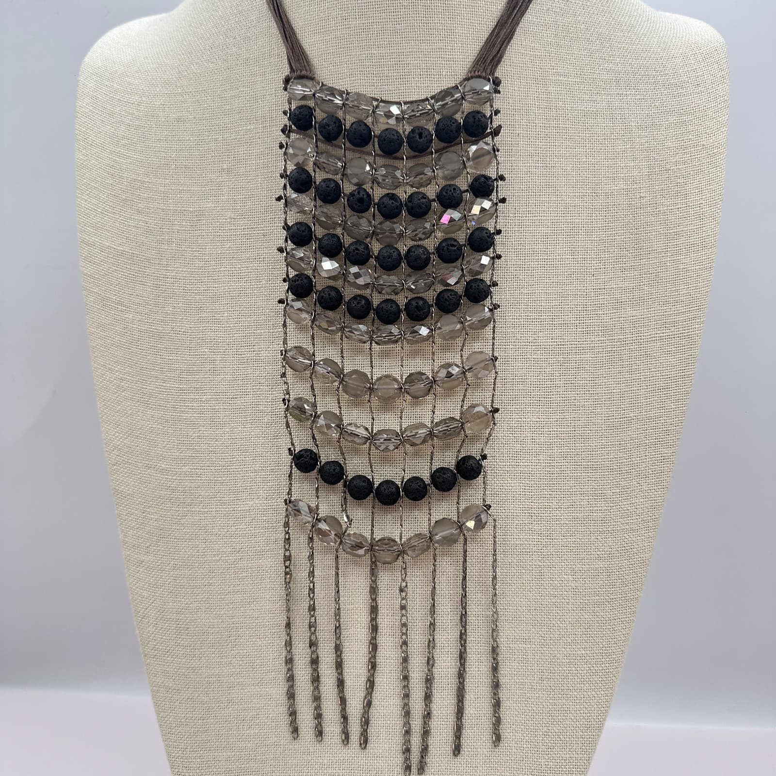 Vintage 90s Lava Rock Beaded Bib Necklace Statement Fringe Brown Cord Jewelry - Thumbnail 2