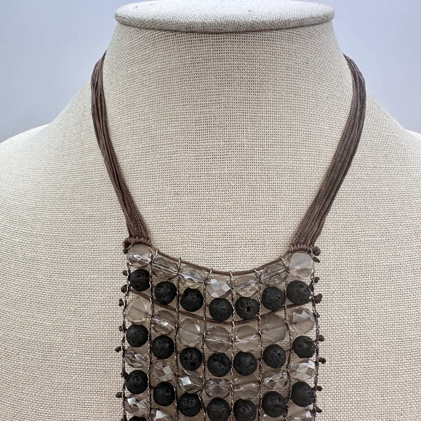 Vintage 90s Lava Rock Beaded Bib Necklace Statement Fringe Brown Cord Jewelry - Thumbnail 9