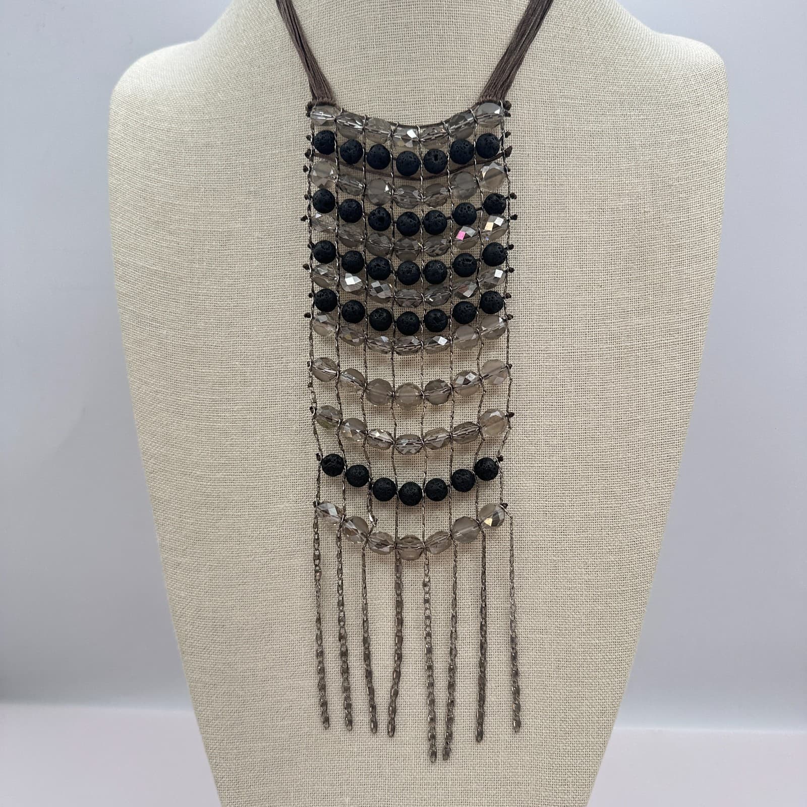Vintage 90s Lava Rock Beaded Bib Necklace Statement Fringe Brown Cord Jewelry - Thumbnail 3