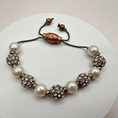 Vintage 90s White Faux Pearl Rhinestone Ball Bracelet Women's Classic Jewelry - Thumbnail 8