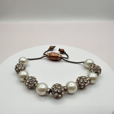 Vintage 90s White Faux Pearl Rhinestone Ball Bracelet Women's Classic Jewelry - Thumbnail 2