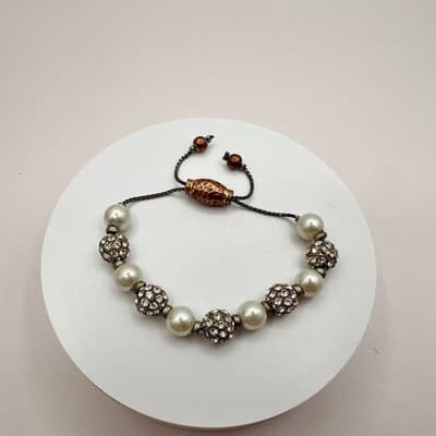 Vintage 90s White Faux Pearl Rhinestone Ball Bracelet Women's Classic Jewelry - Thumbnail 7