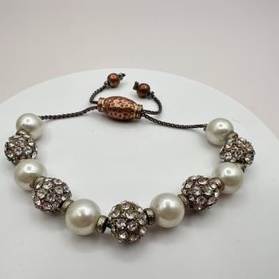 Vintage 90s White Faux Pearl Rhinestone Ball Bracelet Women's Classic Jewelry - Thumbnail 3