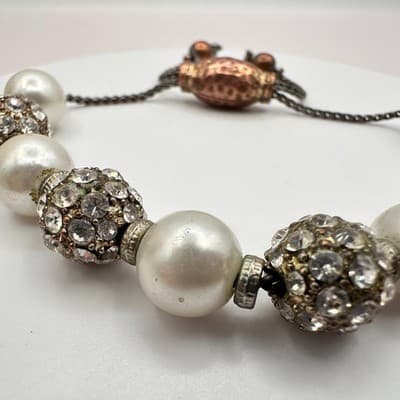 Vintage 90s White Faux Pearl Rhinestone Ball Bracelet Women's Classic Jewelry - Thumbnail 4