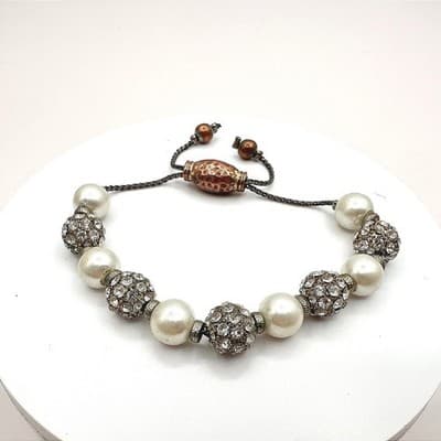 Vintage 90s White Faux Pearl Rhinestone Ball Bracelet Women's Classic Jewelry