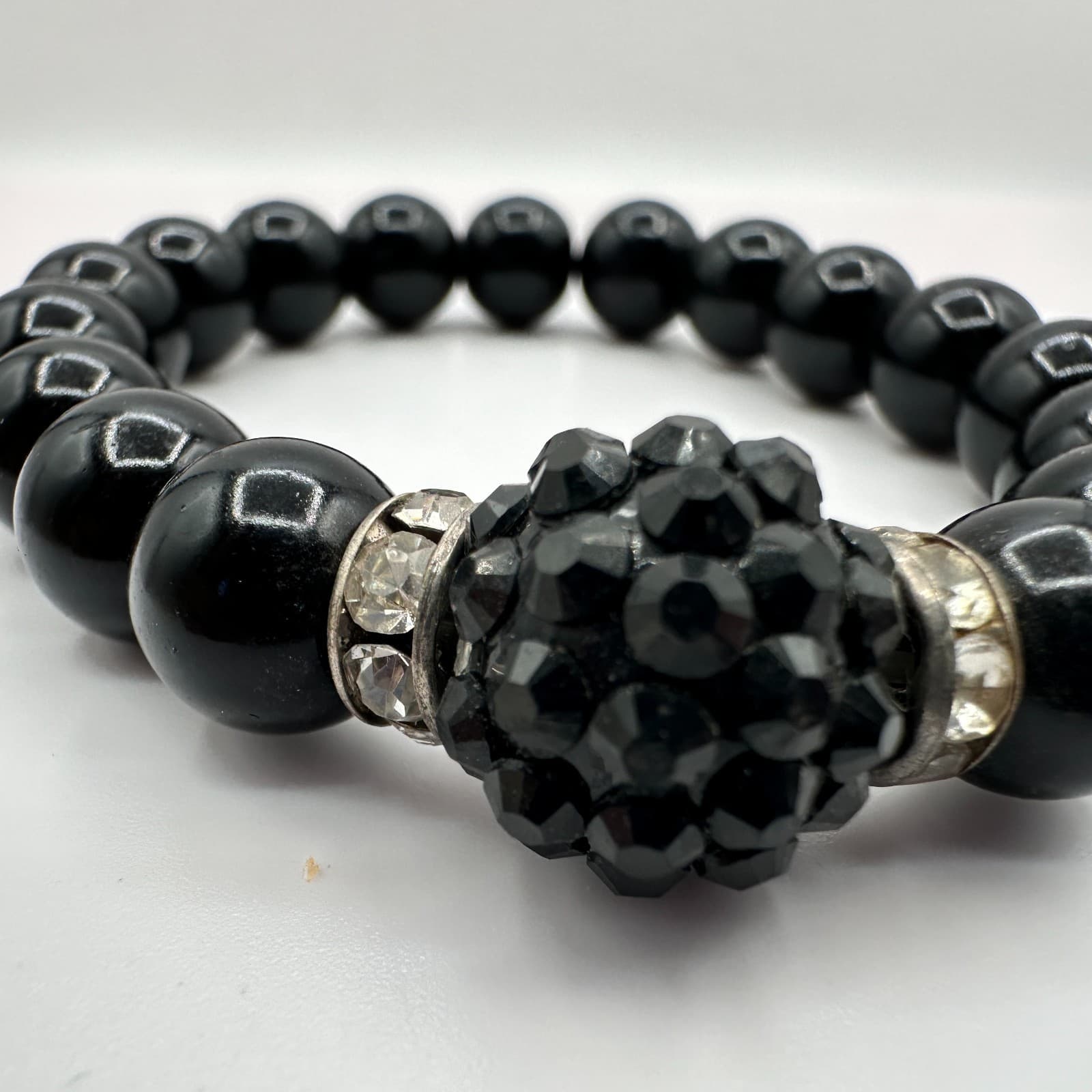 Vintage 90s Silver Tone Black Glass Beaded Disco Ball Bracelet Women's Jewelry - Thumbnail 6