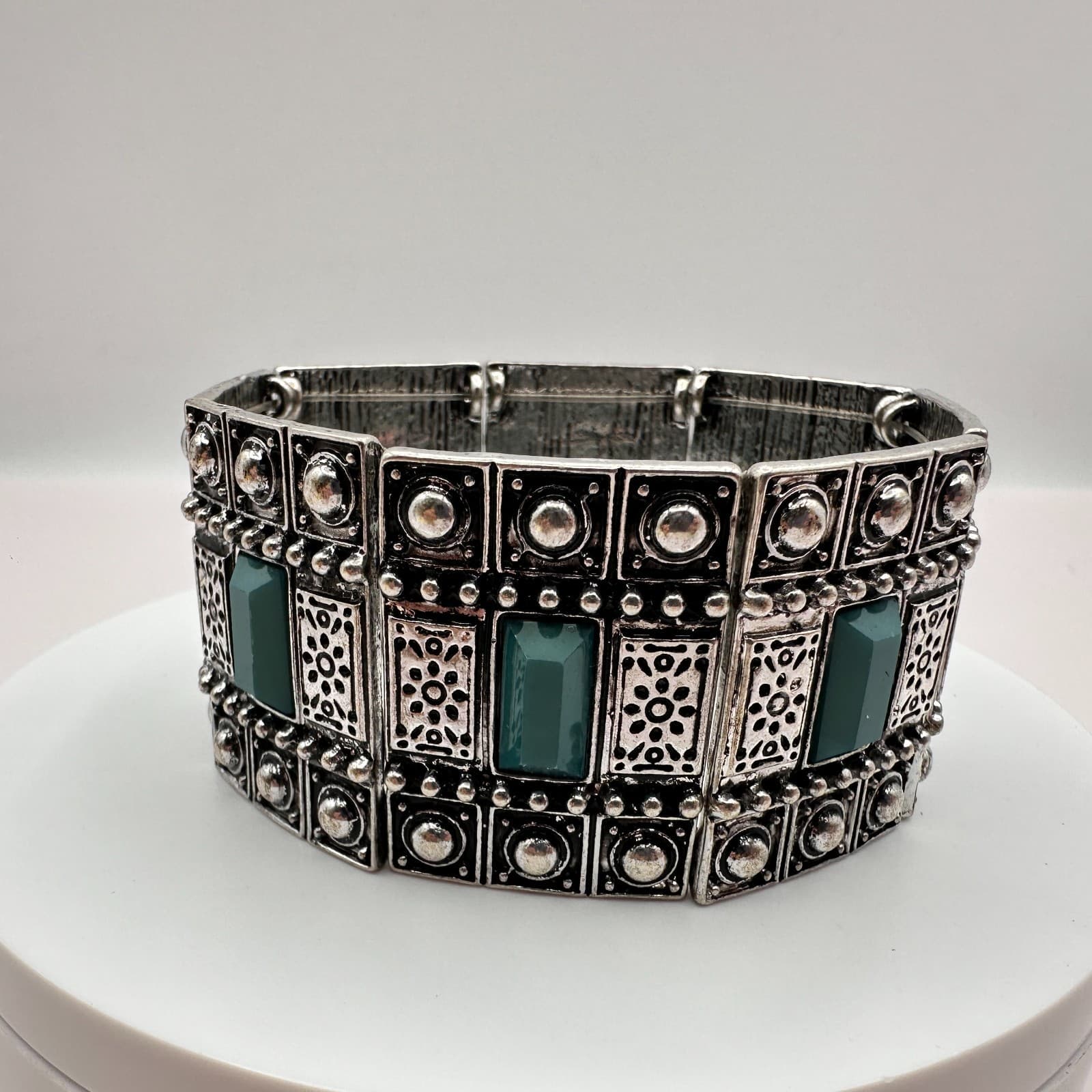 Vintage 90s Teal Green Stones Silver Tone Wide Stretch Cuff Bracelet Jewelry - Thumbnail 2