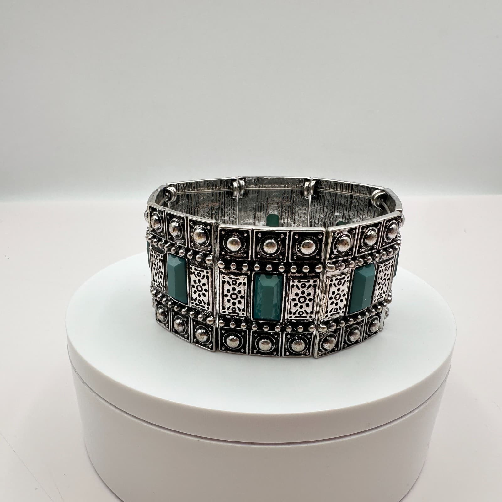 Vintage 90s Teal Green Stones Silver Tone Wide Stretch Cuff Bracelet Jewelry - Thumbnail 7