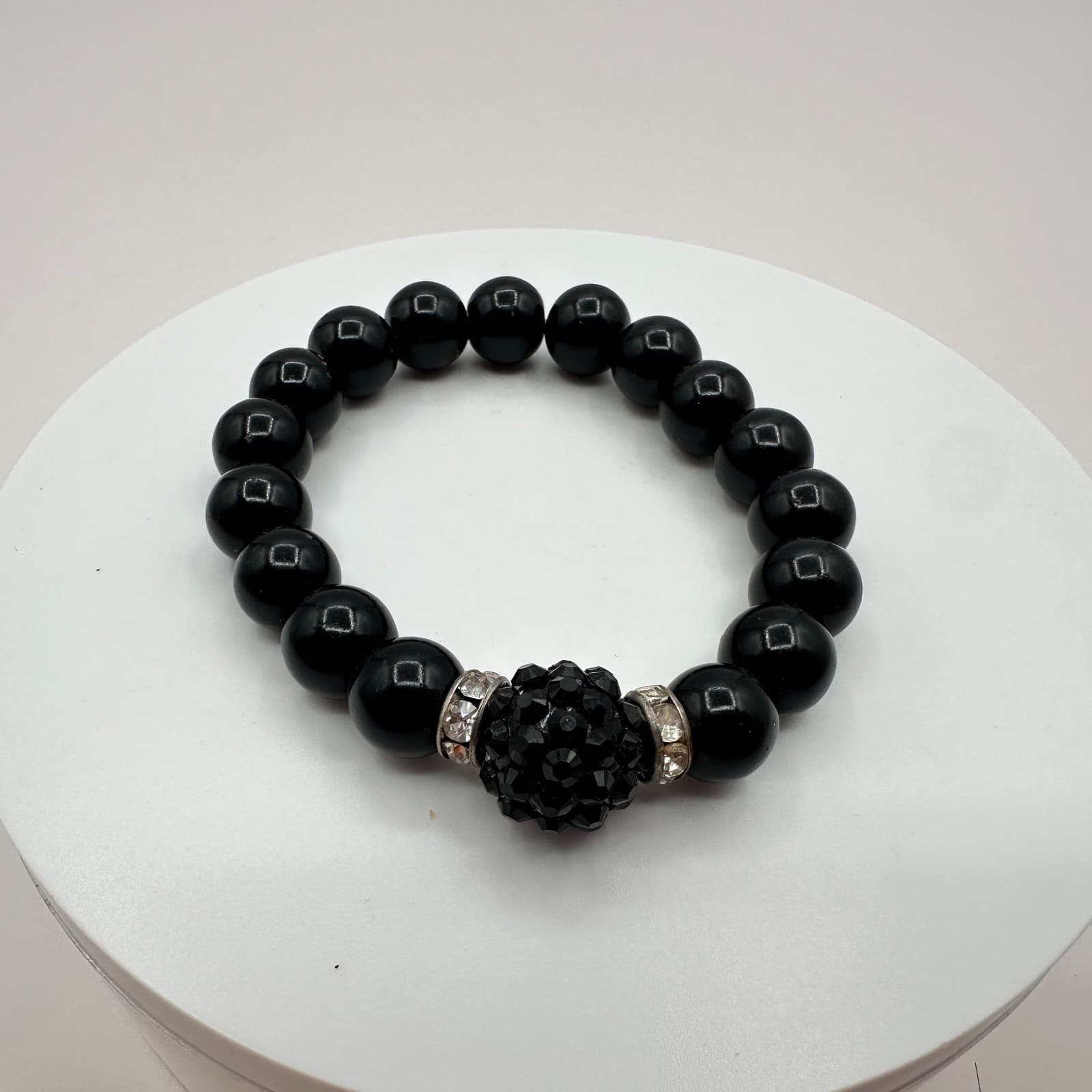 Vintage 90s Silver Tone Black Glass Beaded Disco Ball Bracelet Women's Jewelry - Thumbnail 3