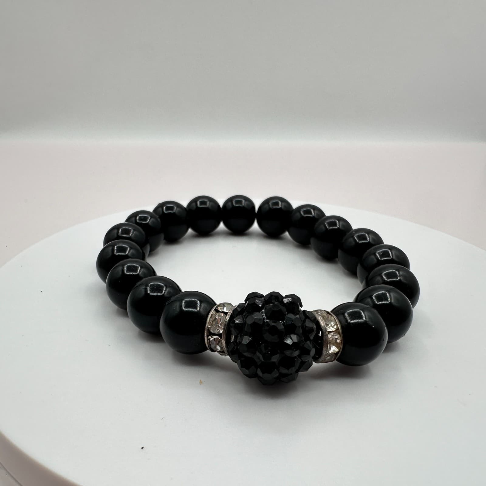 Vintage 90s Silver Tone Black Glass Beaded Disco Ball Bracelet Women's Jewelry - Thumbnail 2