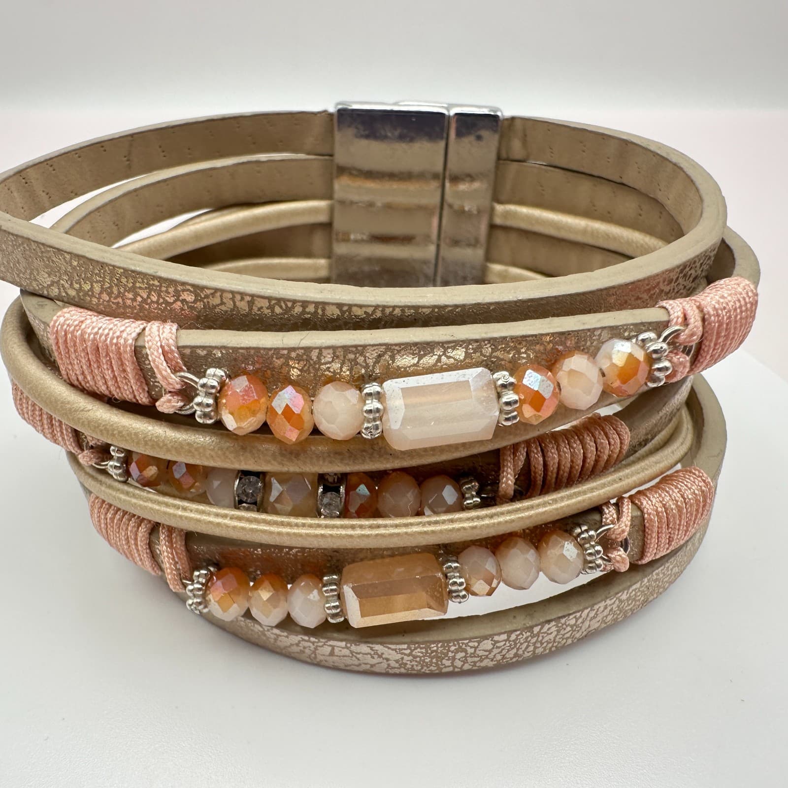 Vintage Y2K Boho Beaded Faux Leather Multi Strand Cuff Bracelet Women's Jewelry - Thumbnail 4