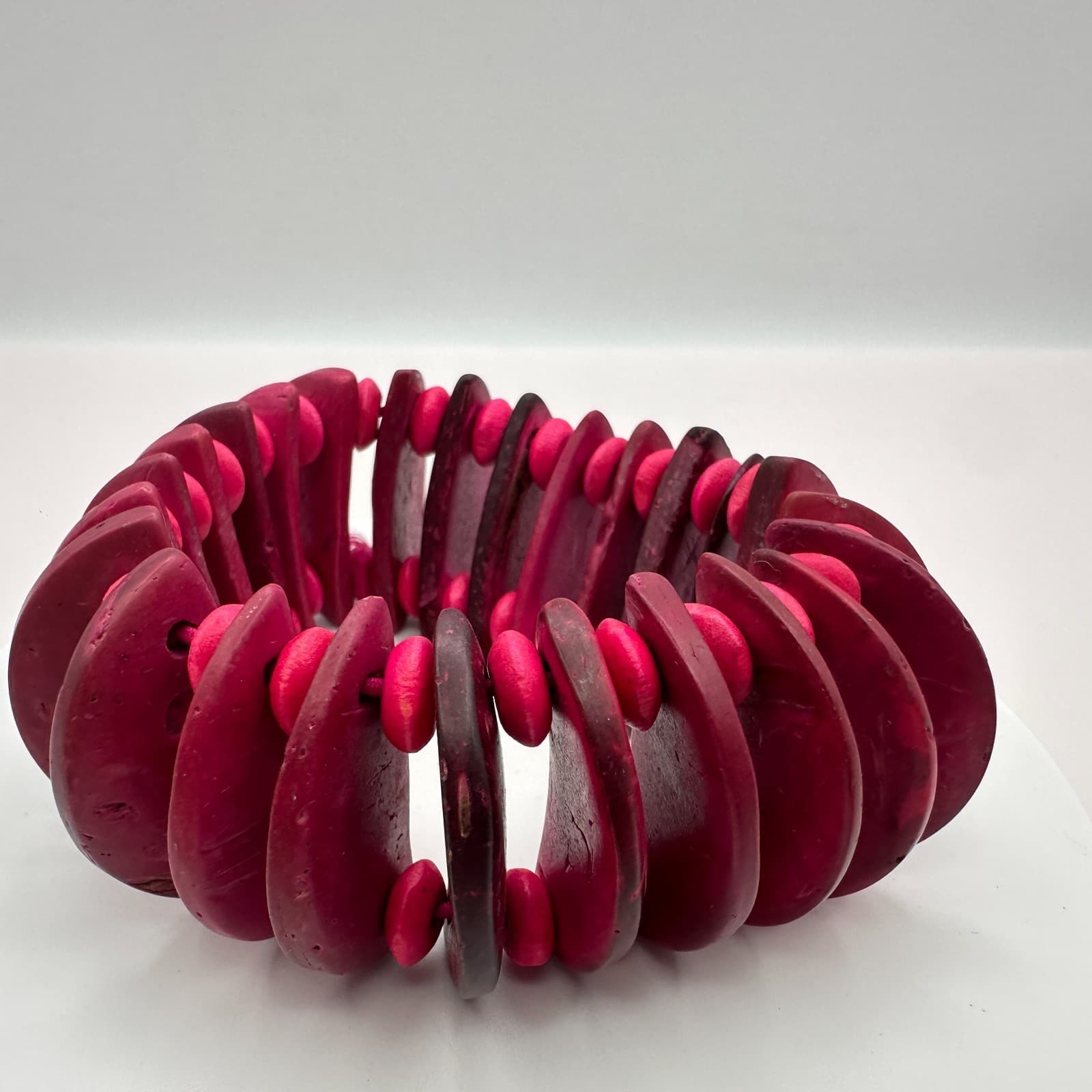 Vintage Y2K Tagua Nut Wood Bead Stretch Bracelet Fuchsia Pink Statement Jewelry - Thumbnail 3