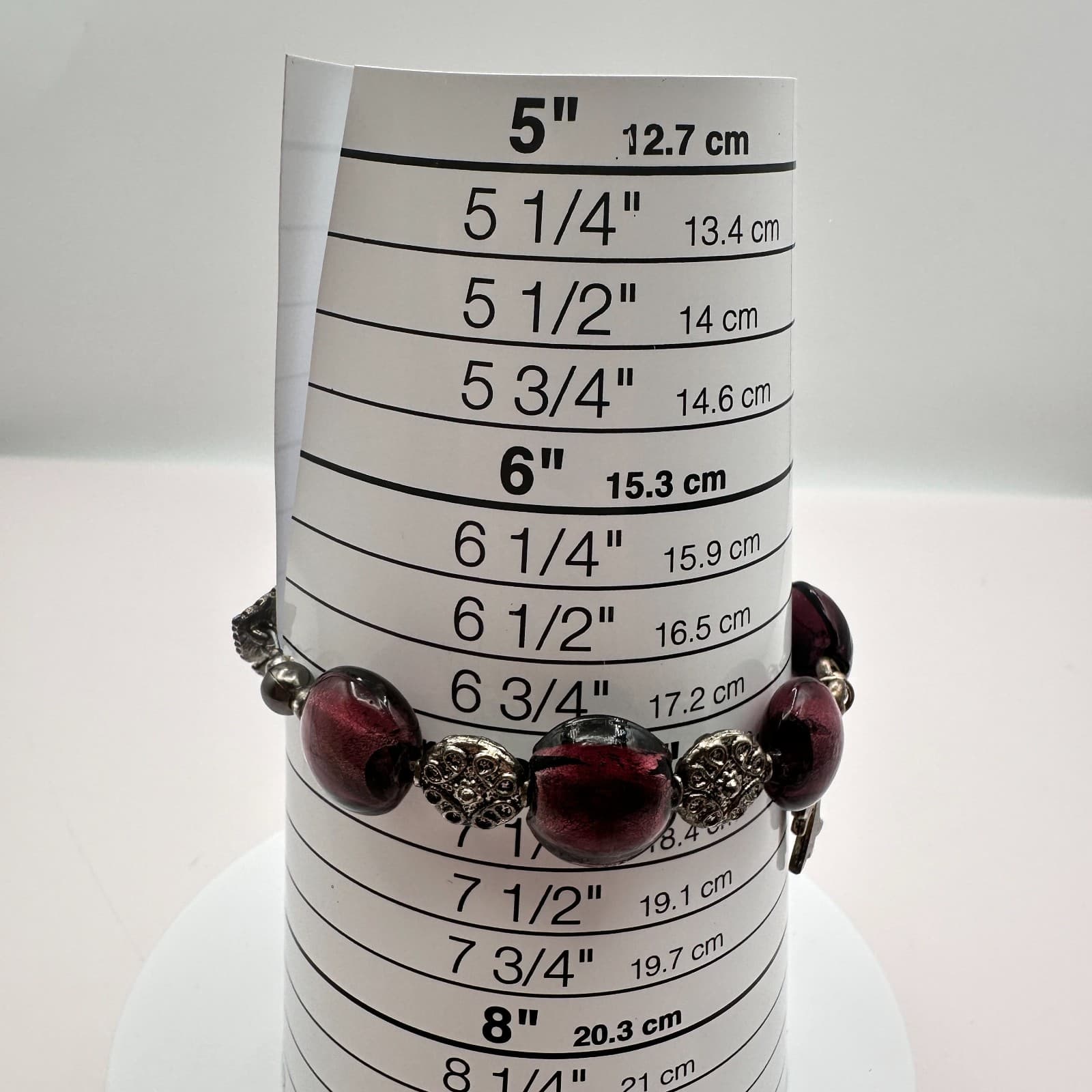 Vintage 90s Silver Tone Leaf Cross Charm Purple Foil Glass Bead Toggle Bracelet - Thumbnail 6